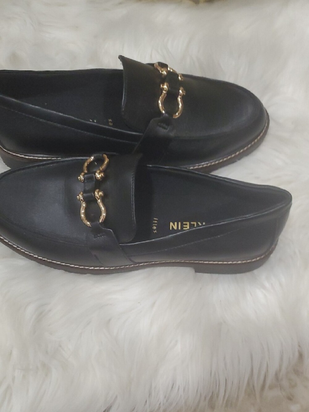 Anne Klein Black Vegan Leather Loafers with Gold Horsebit Accent - Picture 11 of 14